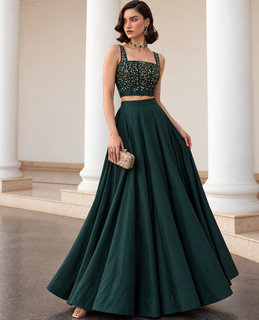 9005 Green - Green Silk Plain Work Ceremonial Lehenga Choli